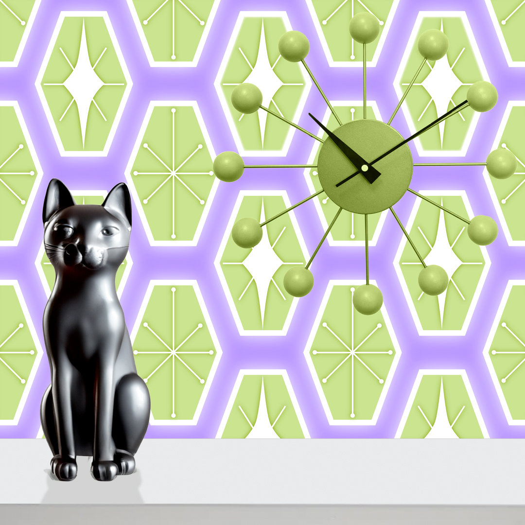 An abstract composition featuring irregular, rounded shapes in vibrant colors. The main colors include bright green, lime green, turquoise, and dark blue, all separated by white, jagged outlines. The shapes overlap and intersect dynamically, forming an energetic and playful pattern. The overall texture has a fabric-like appearance with subtle horizontal and vertical lines running through the colors.